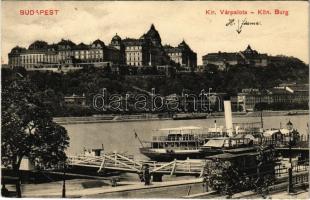 1912 Budapest I. Királyi várpalota, pesti rakpart, gőzhajó, villamos, kikötő, ALBRECHT gőzüzemű oldalkerekes személyhajó