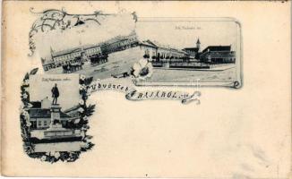 1897 (Vorläufer!) Baja, Tóth Kálmán tér és szobor, üzletek, Fő tér. Art Nouveau, floral (kis szakadás / small tear)