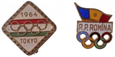 1964. Tokyo Olimpia festett jelvény (16x16mm) + Románia DN R.P. Romina zománcozott fém jelvény (14x18mm) T:2