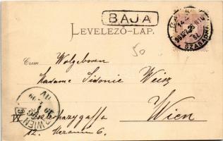 1899 Baja, Sugovica-part, megpakolt csónakok, piac, uszályok. Kollár A. kiadása