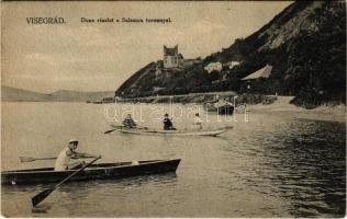 1921 Visegrád, Duna részlet a Salamon toronnyal, evezős és csónakázók (EK)