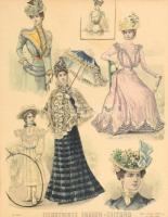 1898-99 Illustrirte Frauen-Zeitung 2 db divat illusztrációja. Színes fametszet, papír, üvegezett fa ...