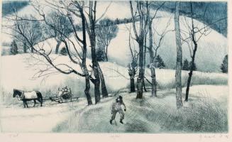 Gaál Domonkos (1940-2009): Tél. Rézkarc, papír, jelzett, számozott (18/20), üvegezett fa keretben, 17×29,5 cm