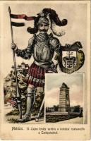 Mohács, II. Lajos király szobra a mohácsi csatamezőn a Csele-pataknál, címer. Kiadja Pollák Róbert (EK)