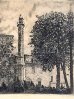 Scultéty Éva (1917-2001): Jakováli Hasszán Pasa Dzsámija és Minaret, Pécs. Rézkarc, papír, jelzett, üvegezett fa keretben, 38,5×29,5 cm