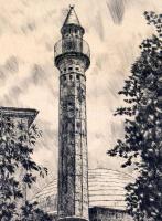 Scultéty Éva (1917-2001): Jakováli Hasszán Pasa Dzsámija és Minaret, Pécs. Rézkarc, papír, jelzett, ...