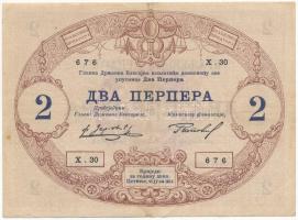 Montenegró / Osztrák-magyar megszállás 1916. (1914) 2P felülbélyegzett T:III kis ly. Montenegro / Austro-Hungarian occupation 1916. (1914) 2 Perpera overprinted C:F small hole