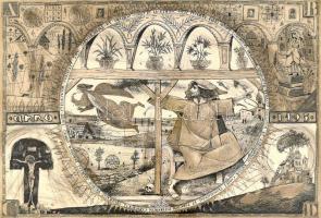 Varga Bencsik József (1944-): Rinascimento I. Rézkarc, papír, jelzett, számozott (41/100), lap kissé foltos. Üvegezett fa keretben, 27×40 cm