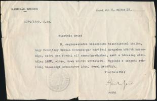 1939 Dr. Frenkel Jenő (1902-1989) szegedi anyakönyvvezető rabbi aláírása a Szegedi Rabbiság fejléces dokumentumán, a rabbiság pecsétjével, hajtásnyomokkal, kis szakadásokkal.