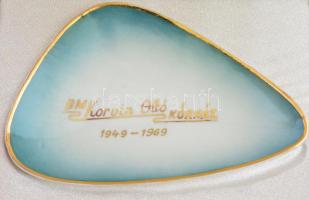 Zsolnay porcelán tálka, BM Korvin Ottó kórház 1949-1969 felirattal, matricás, jelzett, hibátlan, dísztokban, ajándékozási sorokkal, 13x8,5 cm