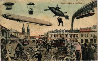 1908 Nyíregyháza, a jövőben montázs. Kiadja Deutsch M. / in the future montage postcard (r)