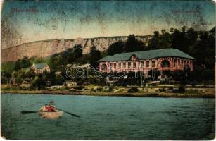 1911 Balatonaliga (Balatonvilágos), Rákóczi szálloda, evezős csónak. Novák Jenő kiadása (kopott sarkak / worn corners)