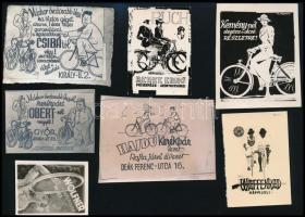 cca 1945 előtti kerékpáros reklámok, 7 db vintage fotó Fekete György (1904-1990) budapesti fényképész hagyatékából (ezekből készített színezett, mozikban vetített reklámdiákat), 5x3,8 cm és 7,4x5,6 cm között