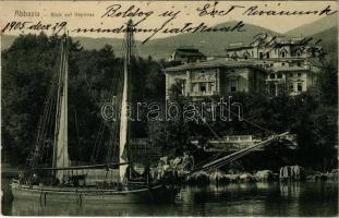 1905 Abbazia, Opatija; Blick auf Veprinaz, Pension Lederer / hotel, fishing ship