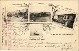 1907 Fiume-Abbazia, Rijeka-Opatija; Kantrida / Cantrida, Seebad, Restauration, Dependence, Ausblick auf's Meer / beach, restaurant, hotel, sea, fishing boat. Art Nouveau, floral