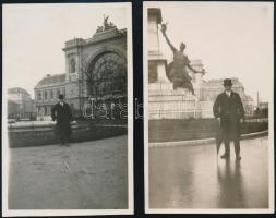 cca 1920-1930 Úriember fotója, háttérben a Keleti-Pályaudvarral, 2 db fotó, 10x6 cm