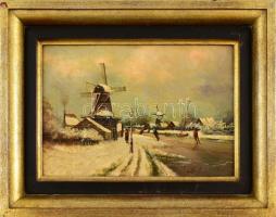 Olvashatatlan jelzéssel, feltehetően XX. sz.  németalföldi festő munkája: Havas táj szélmalmokkal. O...