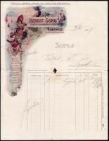 1907 Herbst Samu Protochemigraphiai Műintézet számája, díszes, színes, illusztrált fejléces számlával, szakadásokkal, a hajtások mentén, középen kis hiánnyal.