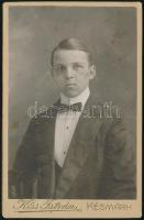 cca 1910 Késmárk, Kiss István (?-?) fényképész műtermében készült, keményhátú vintage fotó; a kép hátoldalán az üvegtetős napfényműterem grafikai ábrázolása is látható, 10,3x6,5 cm
