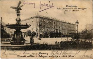 1902 Pozsony, Pressburg, Bratislava; Hotel National und Palugyais Grüner Baum / Nemzeti szálloda és Palugyai vendéglője a Zöld fához / hotel, restaurant, street view (fl)