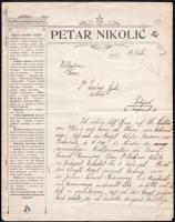 1906, Zágráb Zirko Drakulic könyvelő saját kézzel írt levele Dr. Darányi Gyula részére, Petar Nikolic fejléces papírján, német nyelven.