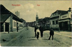 1911 Hosszúfalu, Satulung (Négyfalu, Sacele); Fő utca, Bodega üzlet, templom. W. L. Bp. 6105. / main street, shops, church (EB)