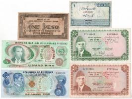 Vegyes: Fülöp-szigetek 1943-1978. 1P-5P (3xklf) + 	 Pakisztán 1950-~1980. 1R-10R (3xklf) T:II-III Mixed: Philippines 1943-1978. 1 Peso - 5 Piso (3xdiff) + Pakistan 1950-~1980. 1 Rupee - 10 Rupees (3xdiff) C:XF-F