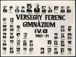 1971 Verseghy Ferenc Gimnázium tanárai és végzős tanulói, kistabló nevesített portrékkal, sarkán törésvonal, 18x24 cm