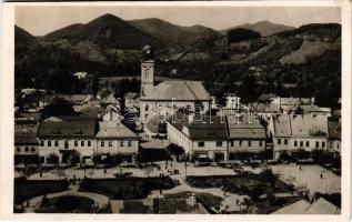 1940 Nagybánya, Baia Mare; látkép, Református templom, Ifj. Marosán Gyula üzlete / general view, Calvinist church, shops