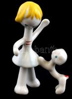 Hollóházi lány kutyával, jelzett, kézzel festett, hibátlan, m: 11 cm