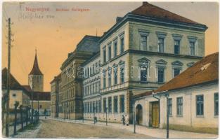 1917 Nagyenyed, Aiud; Bethlen Kollégium, Református vártemplom. Földes Ede kiadása / Calvinist boarding school and fortified church, street view (EK)