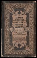 cca 1900 Német nyelvű szabás-varrási iskolai diák vázlatkönyve, sik bejegyzéssel és rajzzal, sérült kötéssel, kijáró lapokkal