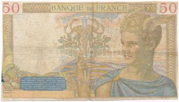 Franciaország 1936. 50Fr T:III- körbevágott, lyukak, fo.
France 1936. 50 Francs C:VG cut around, ho...