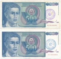 Jugoszlávia 1990. 500D (2db) kék és lila Bosznia és Hercegovina Nemzeti Bankja felülbélyegzéssel T:II-,III Yugoslavia 1990. 500 Dinara (2pcs) blue and purple National Bank of Bosnia and Herzegovina overprint C:VF,F