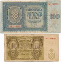 Független Horvát Állam 1941. 10K + 100K T:III Independent State of Croatia 1941. 10 Kuna + 100 Kuna C:XF