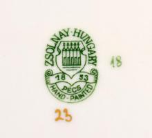 Zsolnay pillangó mintás nagy étkészlet, 6 személyes, összesen 37 db, kézzel festett, jelzett, hibátl...