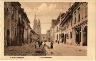 Nagyszeben, Hermannstadt, Sibiu; Fleischergasse / utca, üzletek. G. A. Seraphin kiadása / street view, shops (képeslapfüzetből / from postcard booklet)