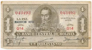 Bolívia 1951. 1B T:III  Bolivia 1951. 1 Boliviano Emision 1951 Q14 C:F Krause P#128b