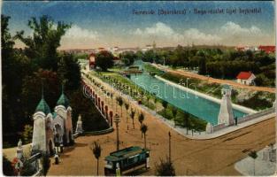 Temesvár, Timisoara; Gyárváros, Béga részlet liget bejárattal, villamos / Bega riverside, tram, park