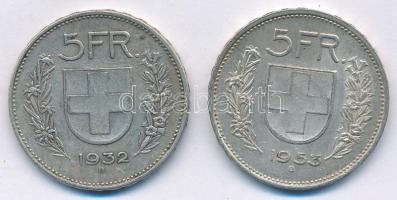 Svájc 1932B 5Fr Ag + 1953B 5Fr Ag T:2,2- Switzerland 1932B 5 Francs Ag + 1953B 5 Francs Ag C:XF,VF Krause KM#40