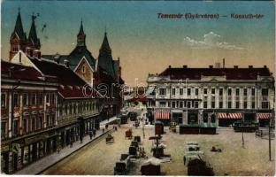1917 Temesvár, Timisoara; Gyárváros, Kossuth tér, piac, Weisz Sándor, Szobovich, Goldmann üzlete, villamos / square, shops, market vendors, tram (EK)