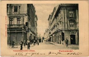 1902 Temesvár, Timisoara; Takarékpénztár utca, kerékpár, Probst Adolf üzlete. Raschka kiadása / street view, bicycle, shops (EK)