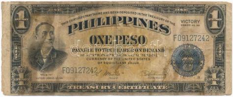 Fülöp-szigetek DN (1949) 1P Győzelmi kiadás, hátoldalán fekete VICTORY felülbélyegzés T:III-  Philippines ND (1949) 1 Peso, Victory Issue, with black VICTORY overprint on back C:VG  Krause P#117
