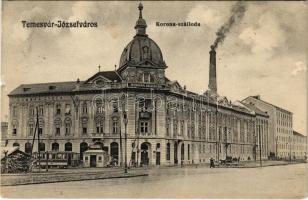 1914 Temesvár, Timisoara; Józsefváros, Korona szálloda (Gombás Gyula tulajdonos), Keppich Adolf üzlete, villamos. Gerő Manó kiadása / street view, hotel, shop, tram (kis szakadás / small tear)
