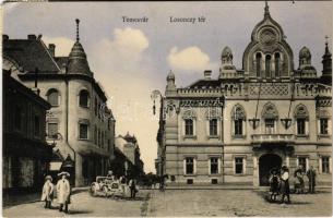 1912 Temesvár, Timisoara; Losonczy tér, Szerb püspöki palota, üzlet, automobil montázs / square, Serbian bishops palace, shop, automobile montage (EK)
