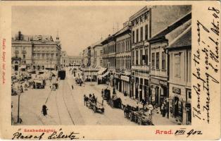 1902 Arad, Szabadság tér, Rosenberg József üzlete, villamos, piaci árusok. Kerpel Izsó kiadása / square, street view, shops, tram, market vendors (EK)