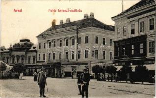 1907 Arad, Fehér Kereszt szálloda, Braun Gusztáv kávéháza, Ifj. Klein Mór, Husserl M. üzlete. Kerpel Izsó kiadása / street view, hotel, café, shops (EK)