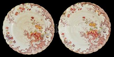 Francia Sarreguemines fajansz tányér, 2 db, kézzel festett, jelzett, kis kopásokkal. d: 20 cm