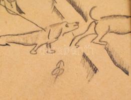 MCP jelzéssel: Kutyasétáltatás. Ceruza, papír. Kissé sérült üvegezett fa keretben. 25,5x16,5 cm
