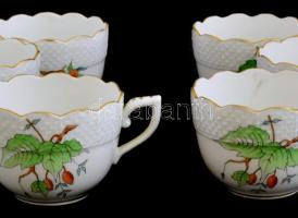 Herendi csipkebogyó mintás mokkás csésze és alj (8db), kézzel festett, jelzett, hibátlan